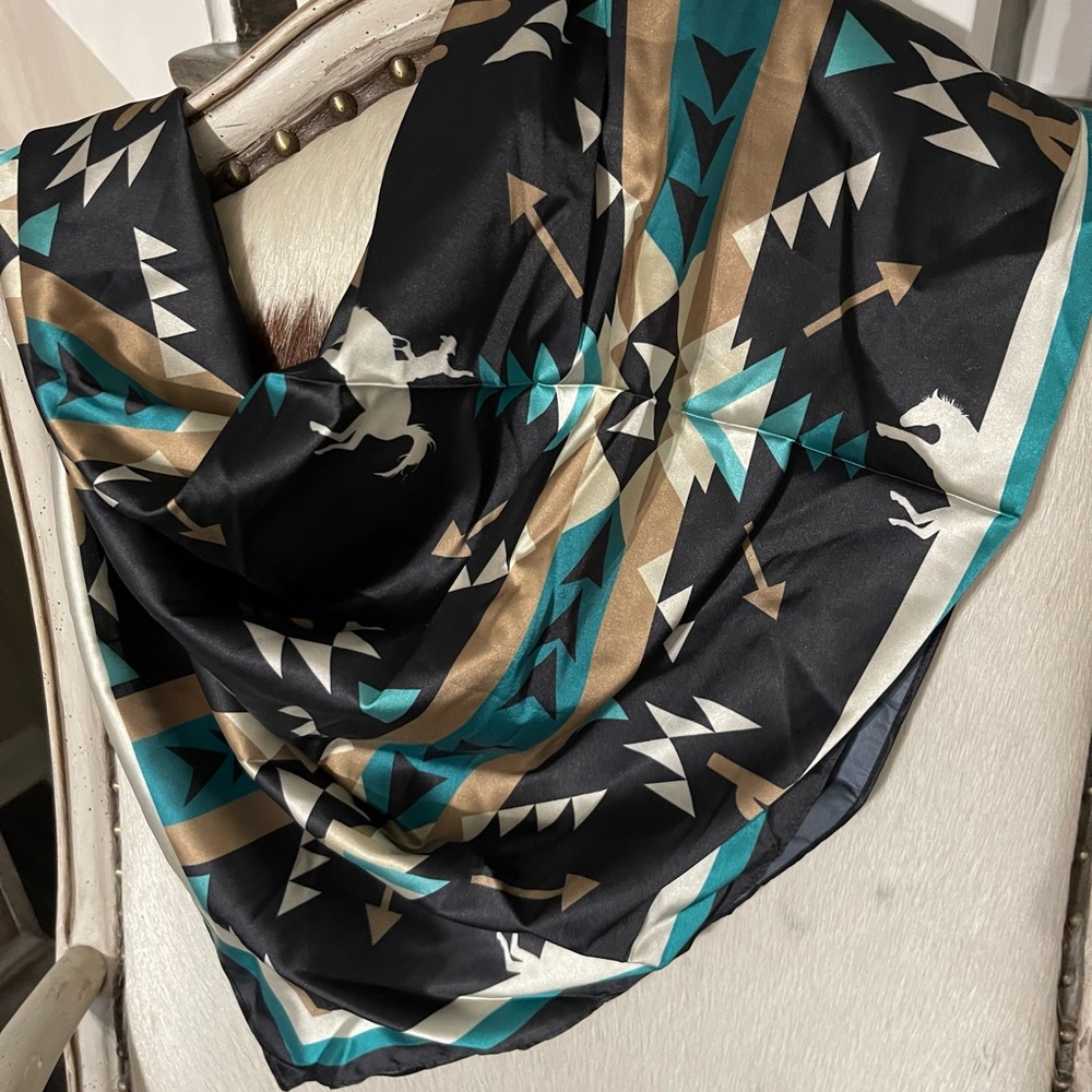 🖤🩵Western Wild Rag Cowgirl Cowboy Wyoming Cowboy Aztec Cactus Arrow Black Turquo